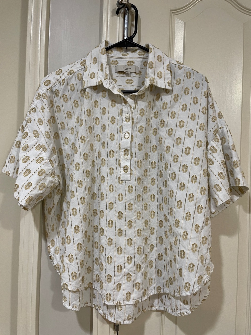 LOFT White Short Sleeve Button Polo with Gold Motif